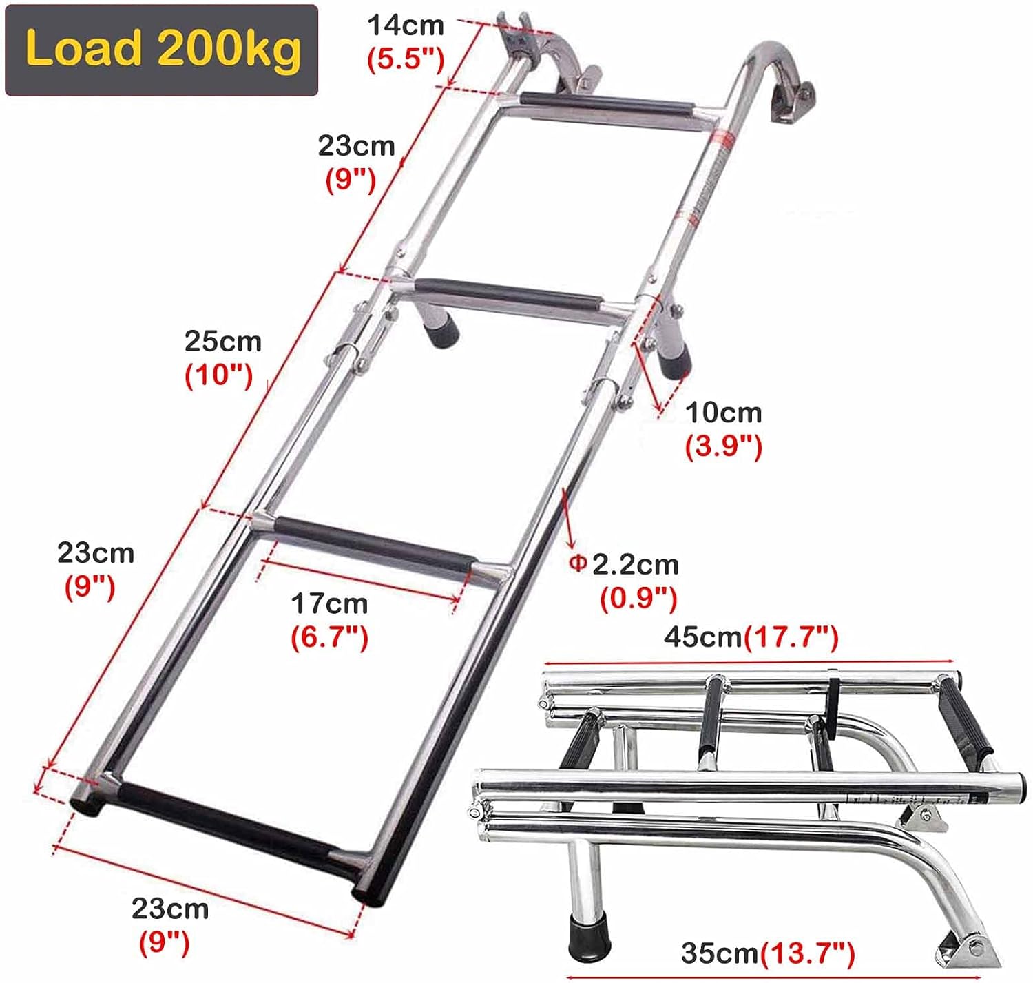 Stainless Steel folding boat ladder with 4 steps (2+2) – compact, foldable marine ladder with anti-slip treads, ideal for safe boarding. Made from rust-resistant stainless steel for durability in harsh environments.