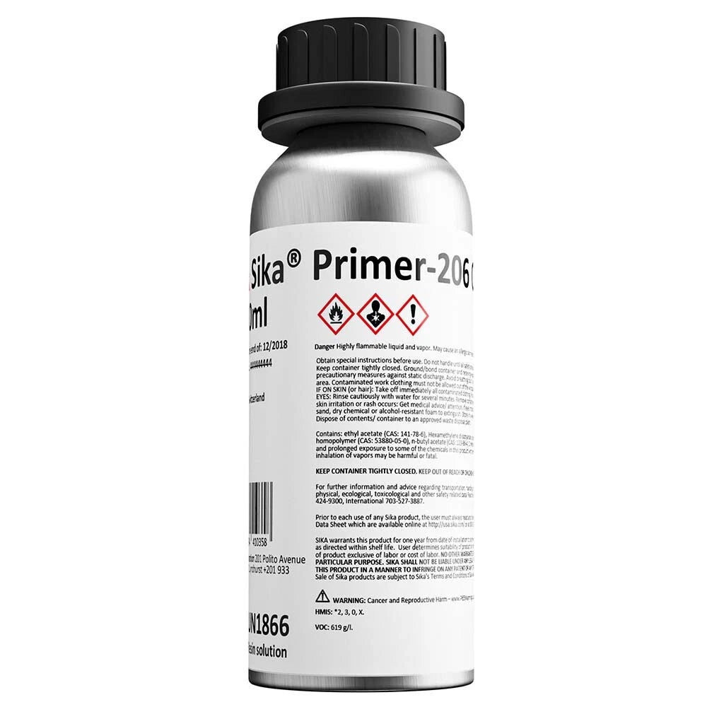 Sika® Primer-206 G+P Black 250 ml bottle—solvent-based, moisture-curing primer enhancing adhesion of Sika polyurethane adhesives on glass, metals, and painted surfaces. Fast curing with corrosion protection, suitable for automotive and construction applications.