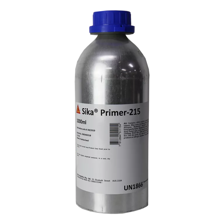 Sika® Primer-215 1000 ml bottle—solvent-based, colorless to slightly yellow primer enhancing adhesion on plastics and wood. Ideal for use with Sika’s 1-component polyurethanes. Fast-drying and easy to apply. Suitable for various substrates including GRP, PVC, ABS, and timber.