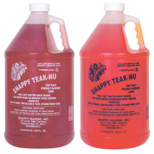 Snappy Teak Cleaner (Snappy Teak-Nu) 1 Gallon bottle – effective teak deck cleaner that removes dirt, grime, and gray oxidation to restore natural teak color. Safe for marine and outdoor teak wood surfaces, providing thorough cleaning without damaging finishes.