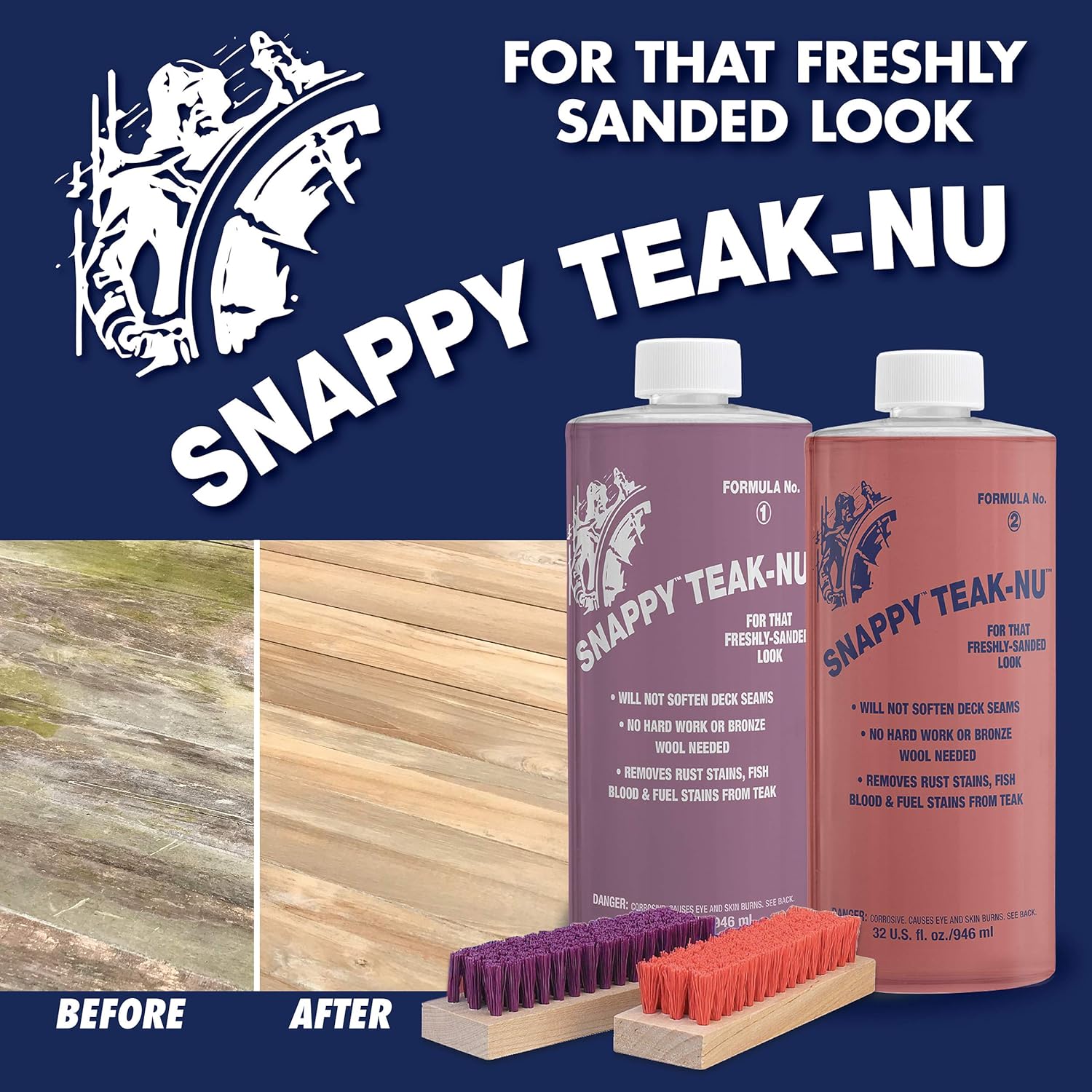 Snappy Teak Cleaner (Snappy Teak-Nu) bottle – effective teak deck cleaner that removes dirt, grime, and gray oxidation to restore natural color. Safe for marine and outdoor teak surfaces, it cleans thoroughly without damaging wood or finishes.