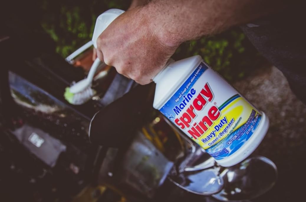 Spray Nine Marine Heavy‑Duty Cleaner + Degreaser + Disinfectant 20 oz aerosol can – powerful, marine‑safe formula cleans and disinfects decks, bilges, and galley areas by removing oil, grease, mold, mildew, and germs; biodegradable and low‑fume.
