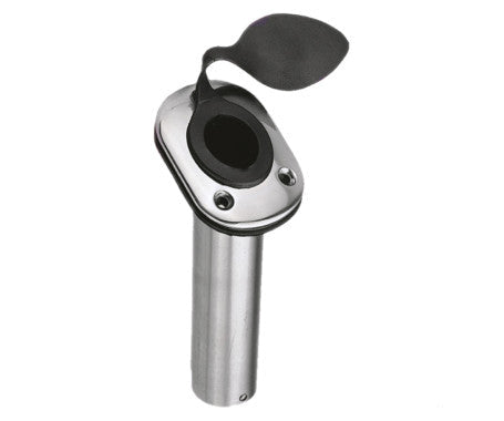 Stainless Steel 30-degree rod holder with protective PVC cap – marine-grade fishing rod holder for boats. Angled design ensures ideal rod positioning, while rust-resistant stainless steel and cap provide long-lasting durability and protection.