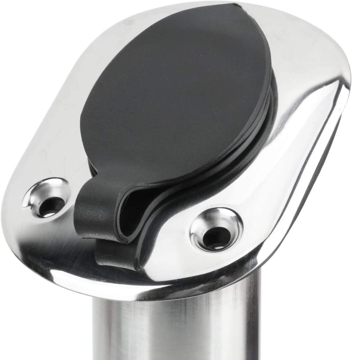Stainless Steel 30-degree rod holder with protective PVC cap – marine-grade fishing rod holder for boats. Angled design ensures ideal rod positioning, while rust-resistant stainless steel and cap provide long-lasting durability and protection.

