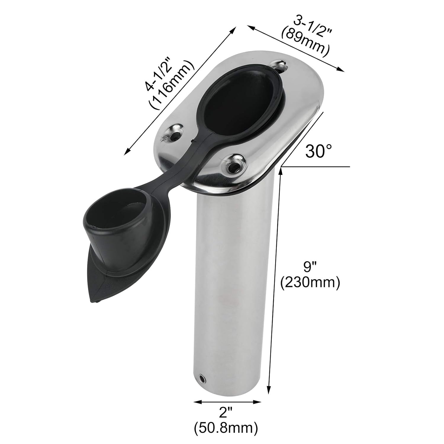 Stainless Steel 30-degree rod holder with protective PVC cap – marine-grade fishing rod holder for boats. Angled design ensures ideal rod positioning, while rust-resistant stainless steel and cap provide long-lasting durability and protection.

