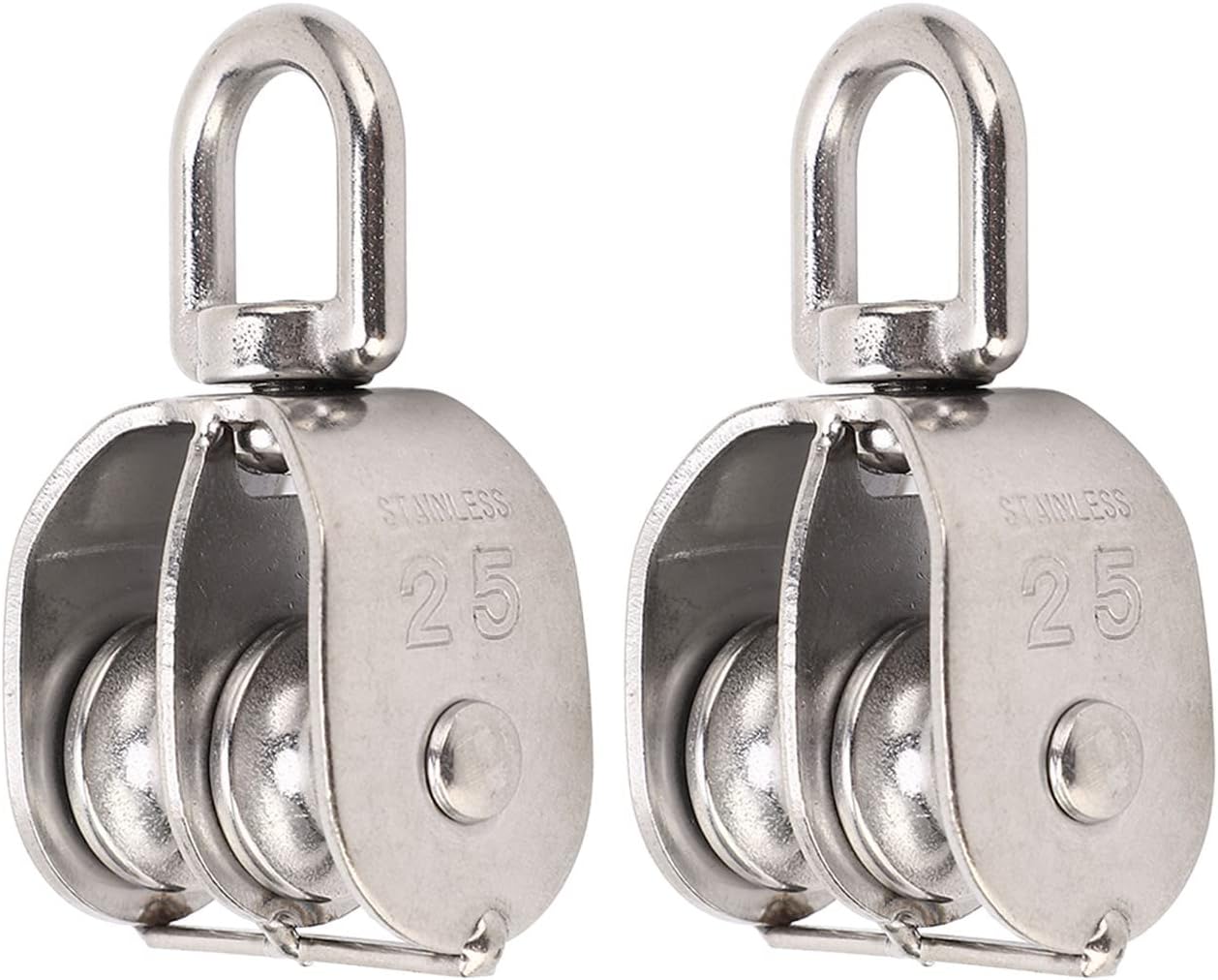 Stainless steel double wheel swivel pulley with 25mm, 32mm, and 50mm wheel sizes – corrosion-resistant, heavy-duty pulley ideal for marine, rigging, and industrial use.

