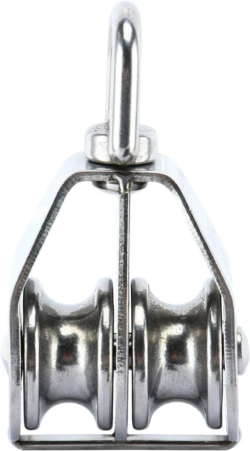 Stainless steel double wheel swivel pulley with 25mm, 32mm, and 50mm wheel sizes – corrosion-resistant, heavy-duty pulley ideal for marine, rigging, and industrial use.

