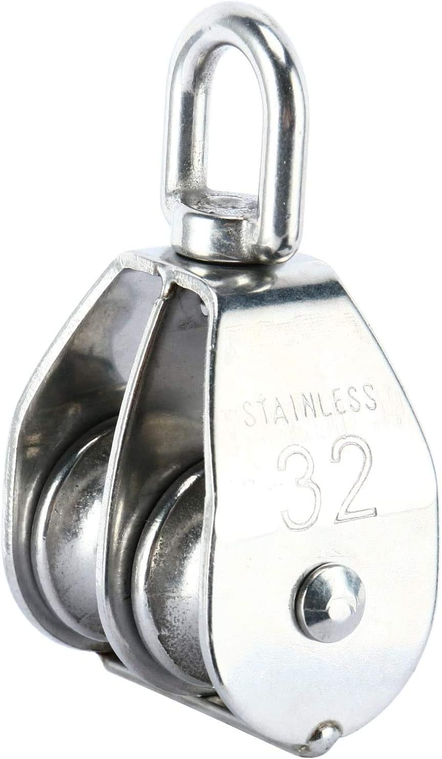 Stainless steel double wheel swivel pulley with 25mm, 32mm, and 50mm wheel sizes – corrosion-resistant, heavy-duty pulley ideal for marine, rigging, and industrial use.

