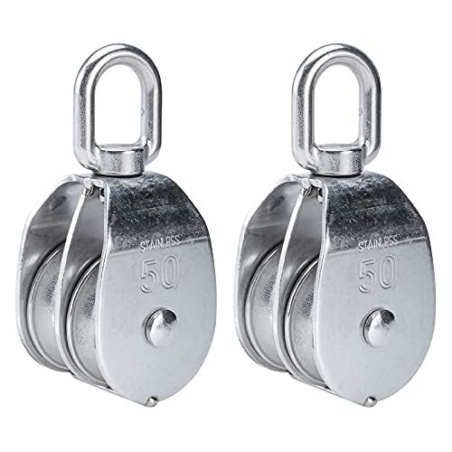 Stainless steel double wheel swivel pulley with 25mm, 32mm, and 50mm wheel sizes – corrosion-resistant, heavy-duty pulley ideal for marine, rigging, and industrial use.

