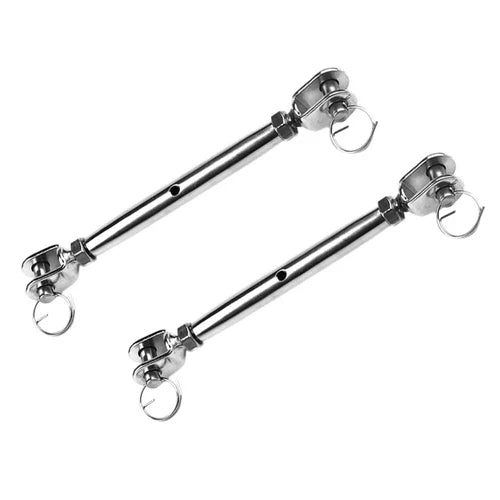 Stainless steel rigging screw with fork & fork (jaw & jaw) configuration – corrosion-resistant turnbuckle for marine, architectural, and rigging use with smooth tension adjustment.

