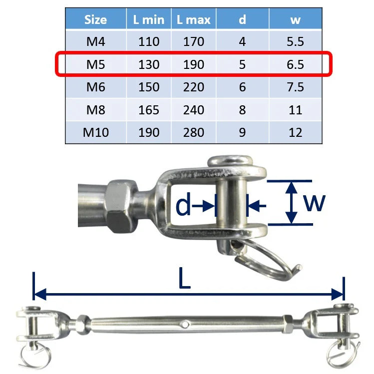 Stainless steel rigging screw with fork & fork (jaw & jaw) configuration – corrosion-resistant turnbuckle for marine, architectural, and rigging use with smooth tension adjustment.