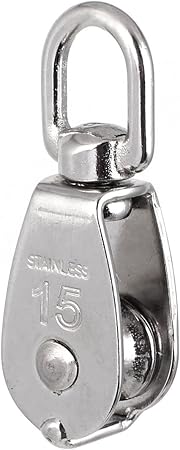 Single M 15 Pulley , Swivel 304 Stainless Steel Heavy Duty Rigging Lifting Wheel Fixed Wire Rope, 15 mm Single Pulley Block for Loading Capacity 35 kg, Silver