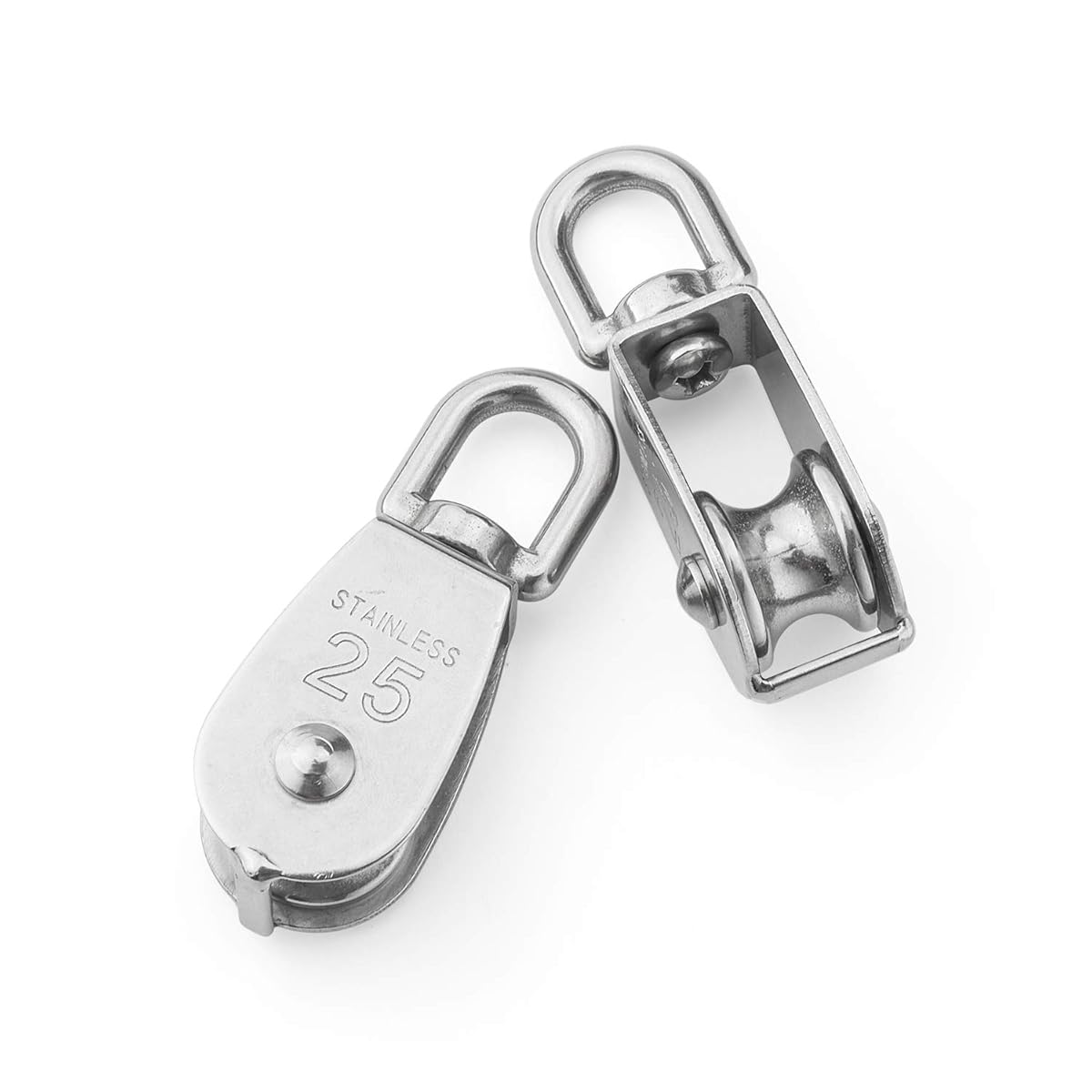 Stainless steel swivel pulley with single wheel – available in 15mm, 25mm, 32mm, and 50mm sizes. Marine-grade, corrosion-resistant pulley ideal for rigging and lifting applications.

