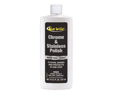 Star Brite Chrome & Stainless Polish bottle – metal polish that cleans and protects chrome and stainless steel surfaces. Removes rust, oxidation, and stains while leaving a protective layer to prevent corrosion and keep metal shiny and bright.