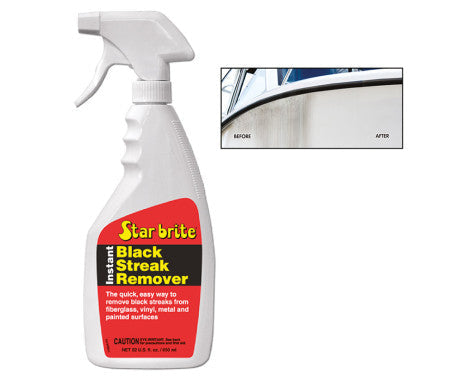 Star Brite Instant Black Streak Remover bottle – fast-acting cleaner that removes black streaks and marks from boats, RVs, trailers, and painted surfaces. Safe for gelcoat, fiberglass, vinyl, and painted finishes, leaving a clean, streak-free shine