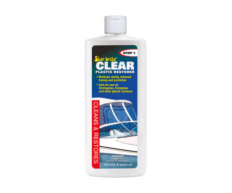 Star Brite Plastic Scratch Remover bottle – specially formulated to remove fine scratches, haze, and light oxidation from plastic surfaces. Ideal for marine hatches, windows, windshields, and instrument covers. Restores clarity and shine with minimal effort.

