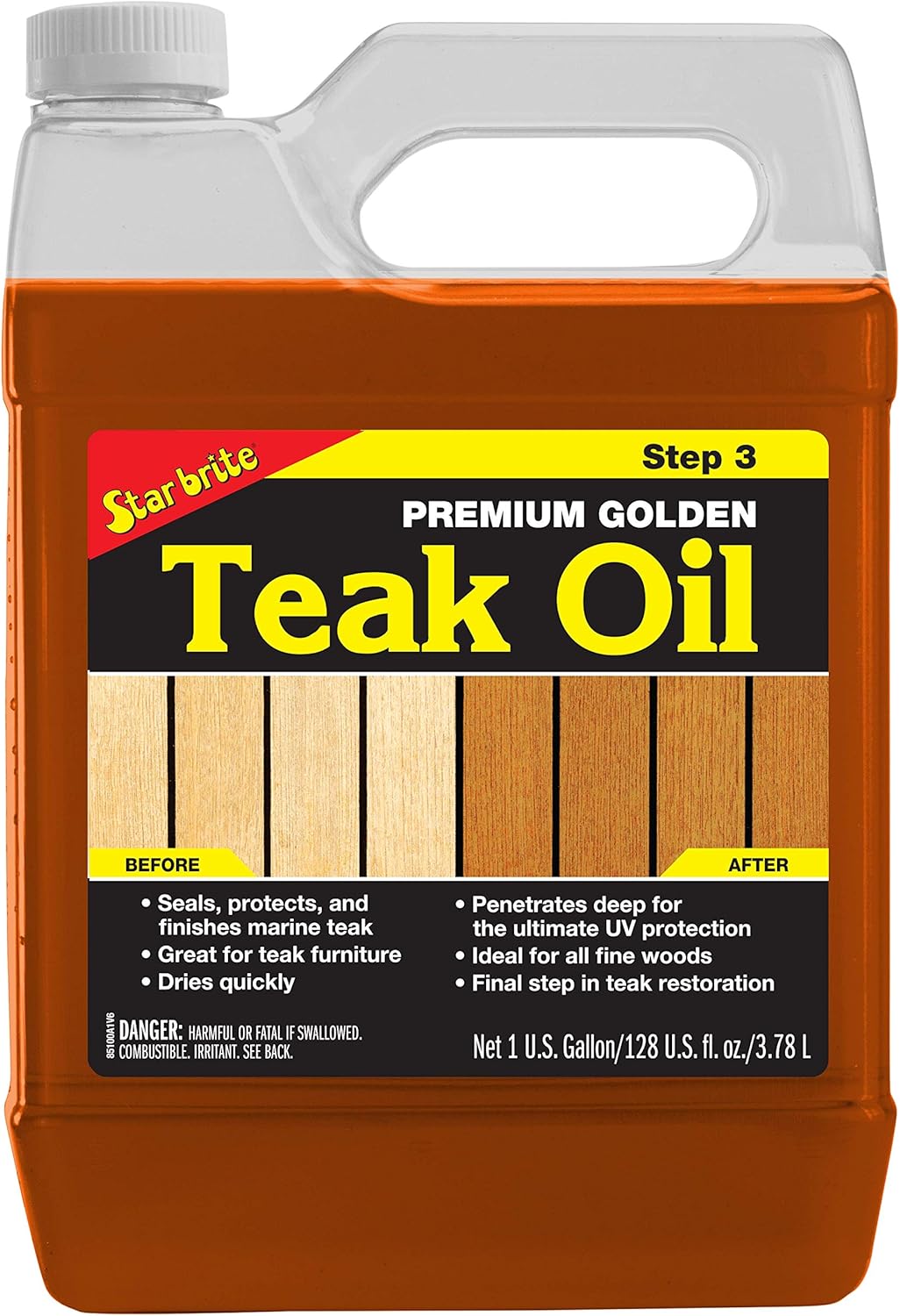Star Brite Premium Golden Teak Oil 1 Gallon container – deep nourishing teak oil that enhances and protects teak wood’s natural golden color. Ideal for marine decks and outdoor furniture, with UV and water resistance.