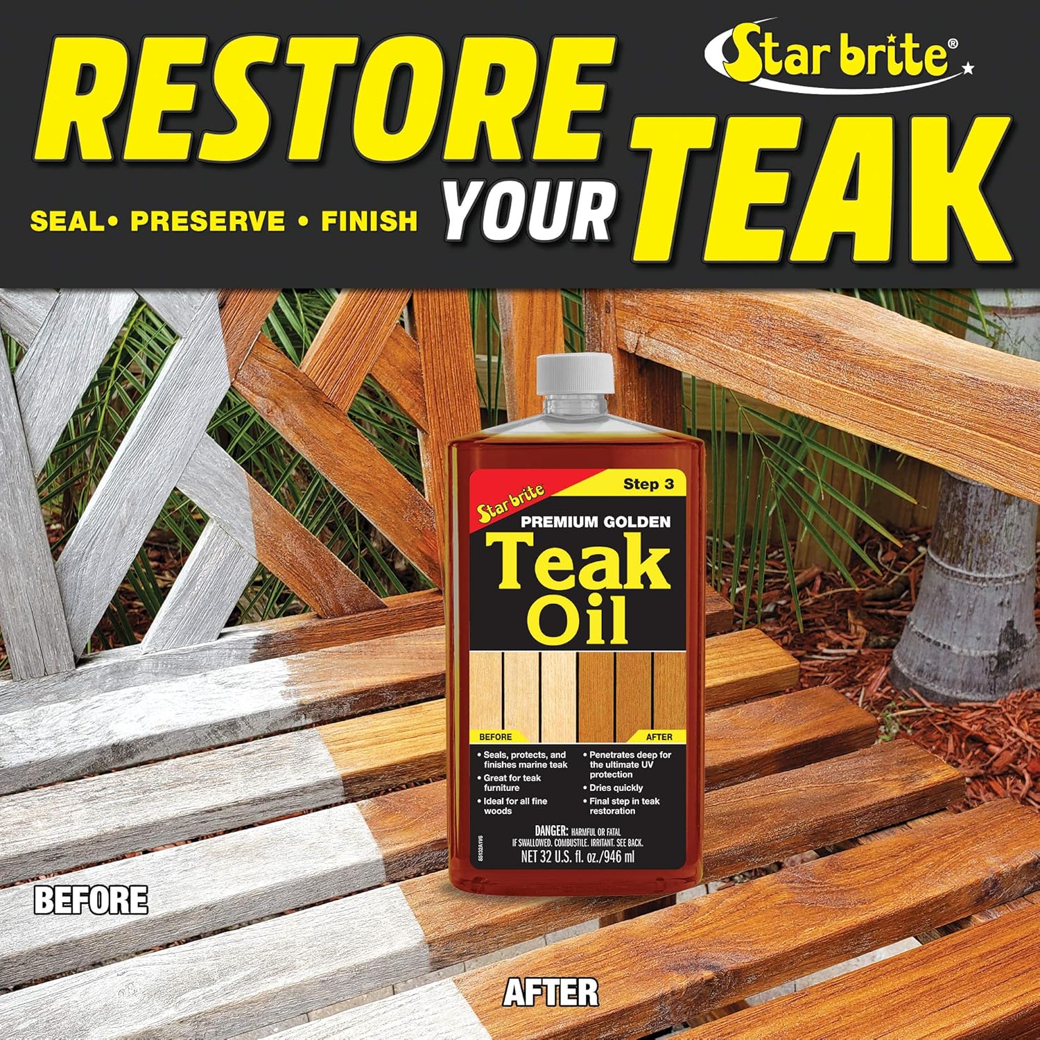 Star Brite Premium Golden Teak Oil 948 ml bottle – nourishing teak oil that protects and enhances teak wood’s natural golden color. Offers UV protection and water resistance, perfect for marine decks and outdoor teak furniture.

