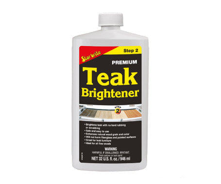 Star Brite Premium Teak Brightener bottle – restores natural golden color of aged teak wood. Ideal for marine decks and outdoor furniture, safely removes stains and discoloration, enhancing the natural beauty of teak without harsh chemicals