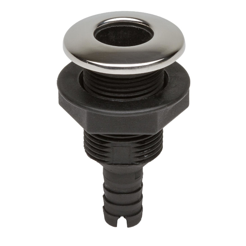 Straight thru-hull drain hose port featuring a premium SS316 stainless steel trim ring for enhanced durability and sleek appearance. Designed for marine environments, ideal for boat deck and bilge drainage. Corrosion- and UV-resistant, suitable for saltwater use.