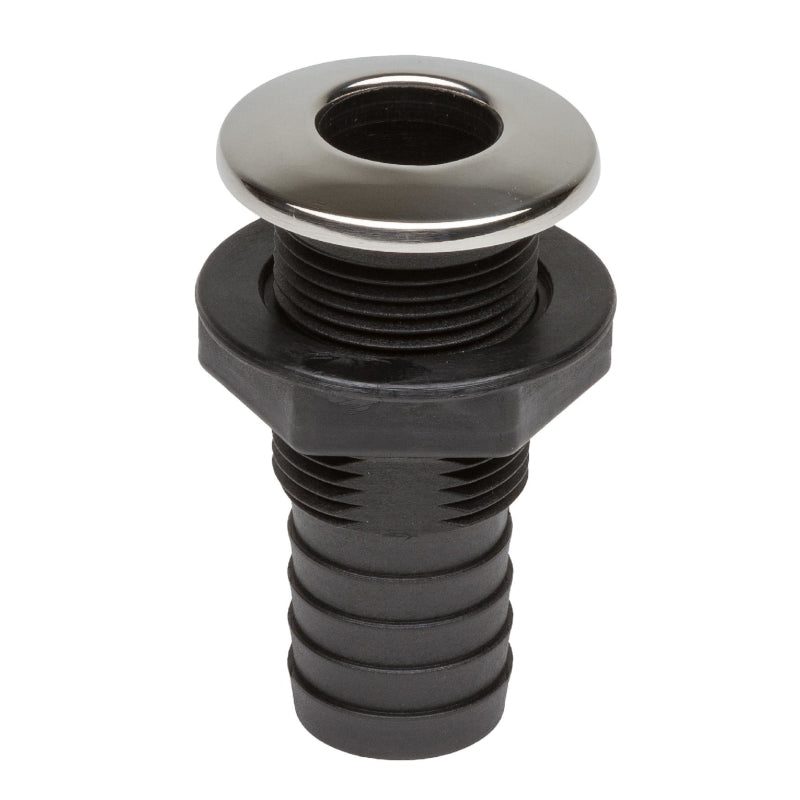Straight thru-hull drain hose port featuring a premium SS316 stainless steel trim ring for enhanced durability and sleek appearance. Designed for marine environments, ideal for boat deck and bilge drainage. Corrosion- and UV-resistant, suitable for saltwater use.