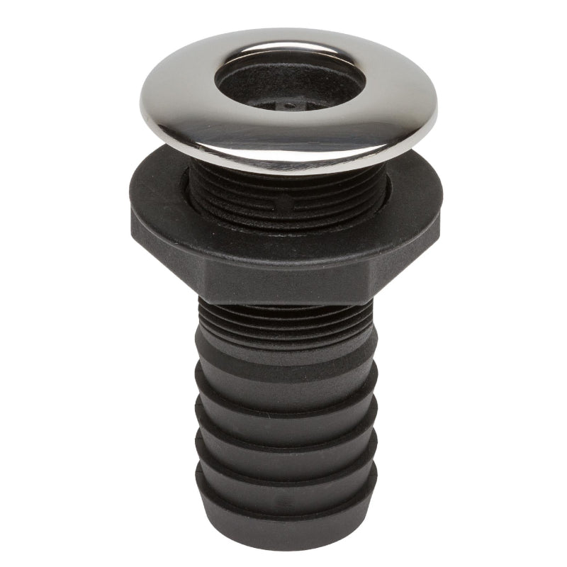Straight thru-hull drain hose port featuring a premium SS316 stainless steel trim ring for enhanced durability and sleek appearance. Designed for marine environments, ideal for boat deck and bilge drainage. Corrosion- and UV-resistant, suitable for saltwater use.