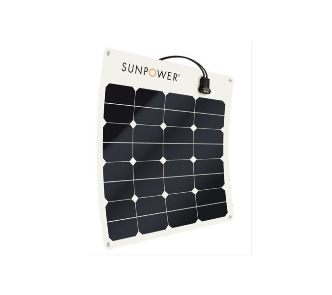 SunPower® SPR-E-Flex-50 50W flexible solar panel with ultra-thin, lightweight design and durable laminate. Features high-efficiency Maxeon® cells, ideal for marine, RV, and curved surface installations requiring reliable off-grid solar power in tight spaces.