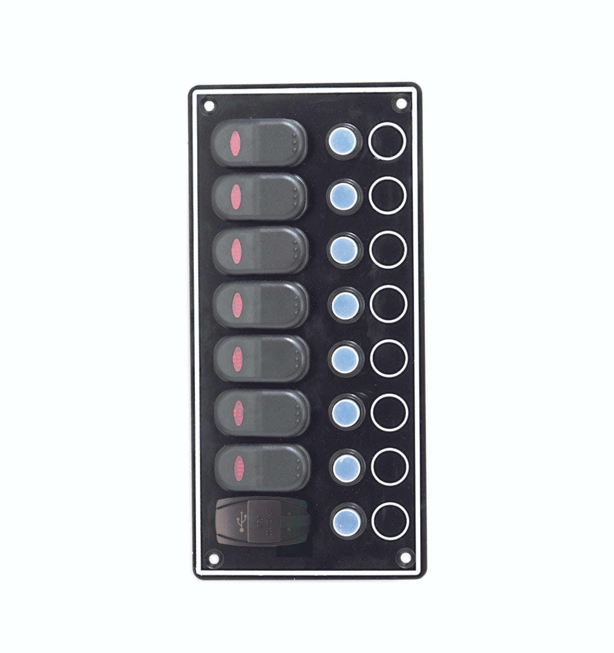 Switch Panel 10087-BKUAC – waterproof 8-gang marine-grade switch panel with built-in USB ports and digital voltmeter for power monitoring. Durable and ideal for boats, RVs, and 4x4 systems. Available at Rimal Marine.