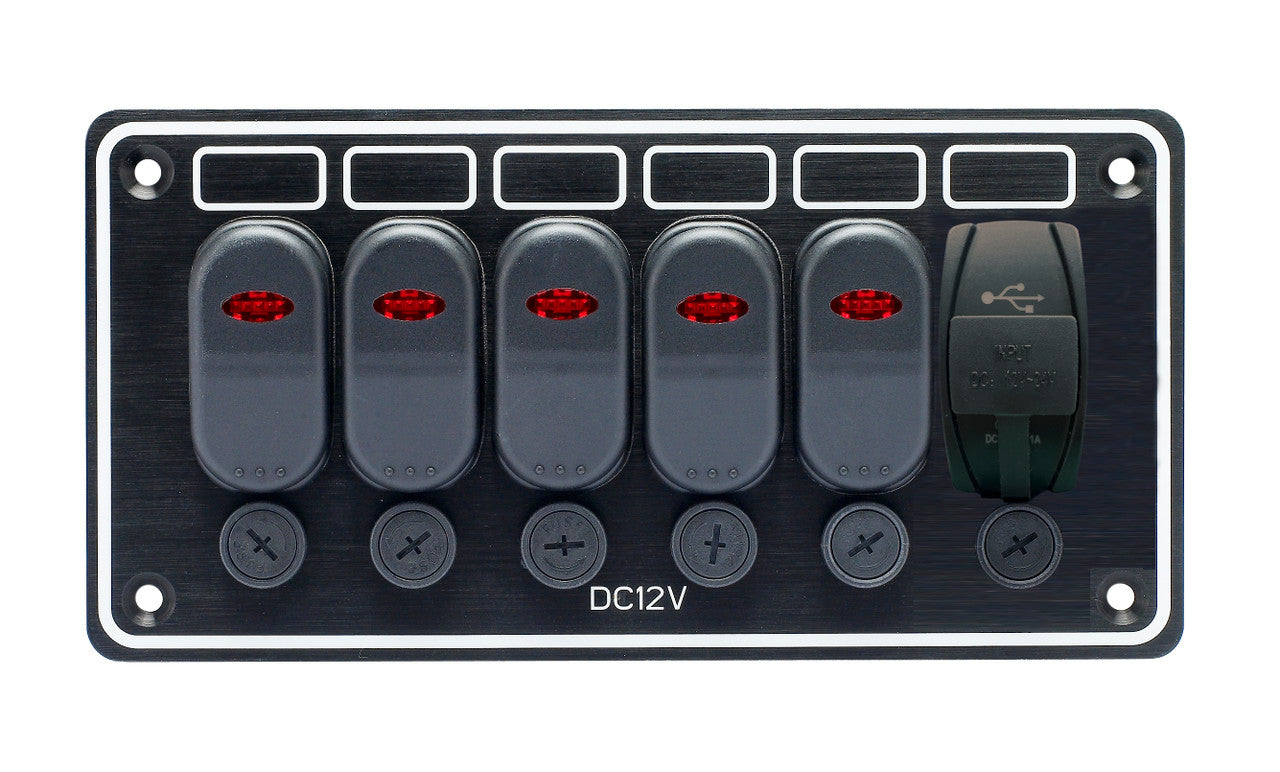 Switch Panel 10147-BKUAC – compact marine-grade power panel with waterproof rocker switches for controlling multiple electrical devices onboard boats and RVs. Built for durability and weather resistance. Available at Rimal Marine.

