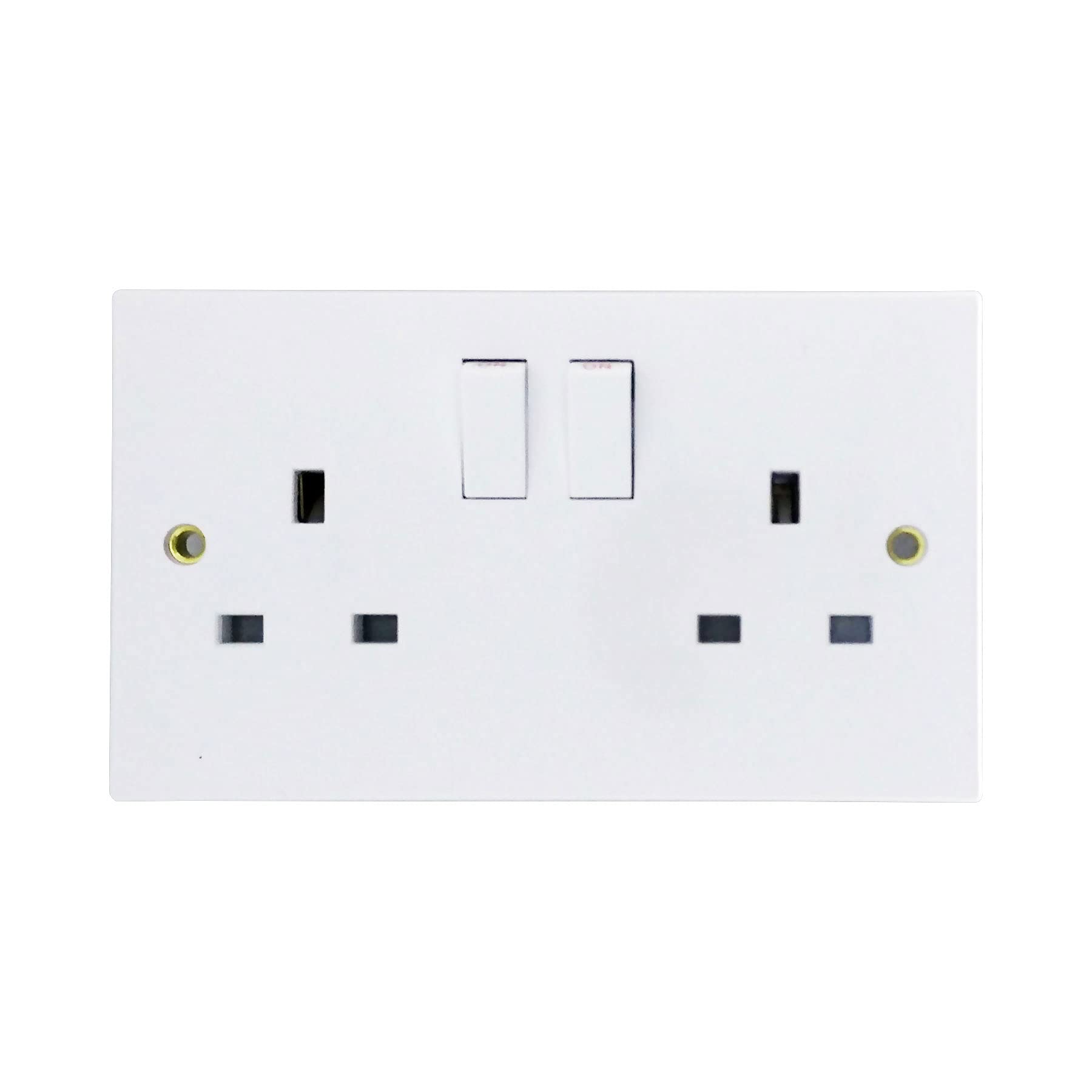 White TENBY 2 Gang 13 Amp wall socket with double pole switch for safe power isolation. Durable construction ensures reliable long-term use in homes and businesses. Easy to install, ideal for electrical upgrades with modern, clean aesthetics.