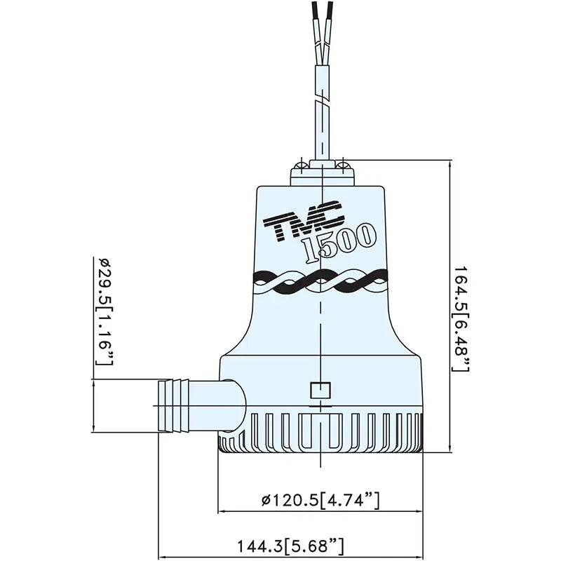 TMC-03606 T20 Series Bilge Pump with 1500 GPH capacity for efficient water removal in marine vessels. Submersible design, available in 12V and 24V versions. Compact, corrosion-resistant, and easy to install—ideal for reliable bilge system operation.
