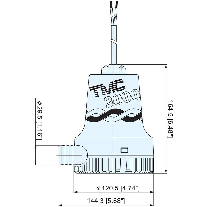 TMC-03607 submersible bilge pump with 2000 GPH flow capacity, available in 12V and 24V models. Designed for reliable marine water removal. Compact, corrosion-resistant construction makes it ideal for bilge systems in boats and yachts.

