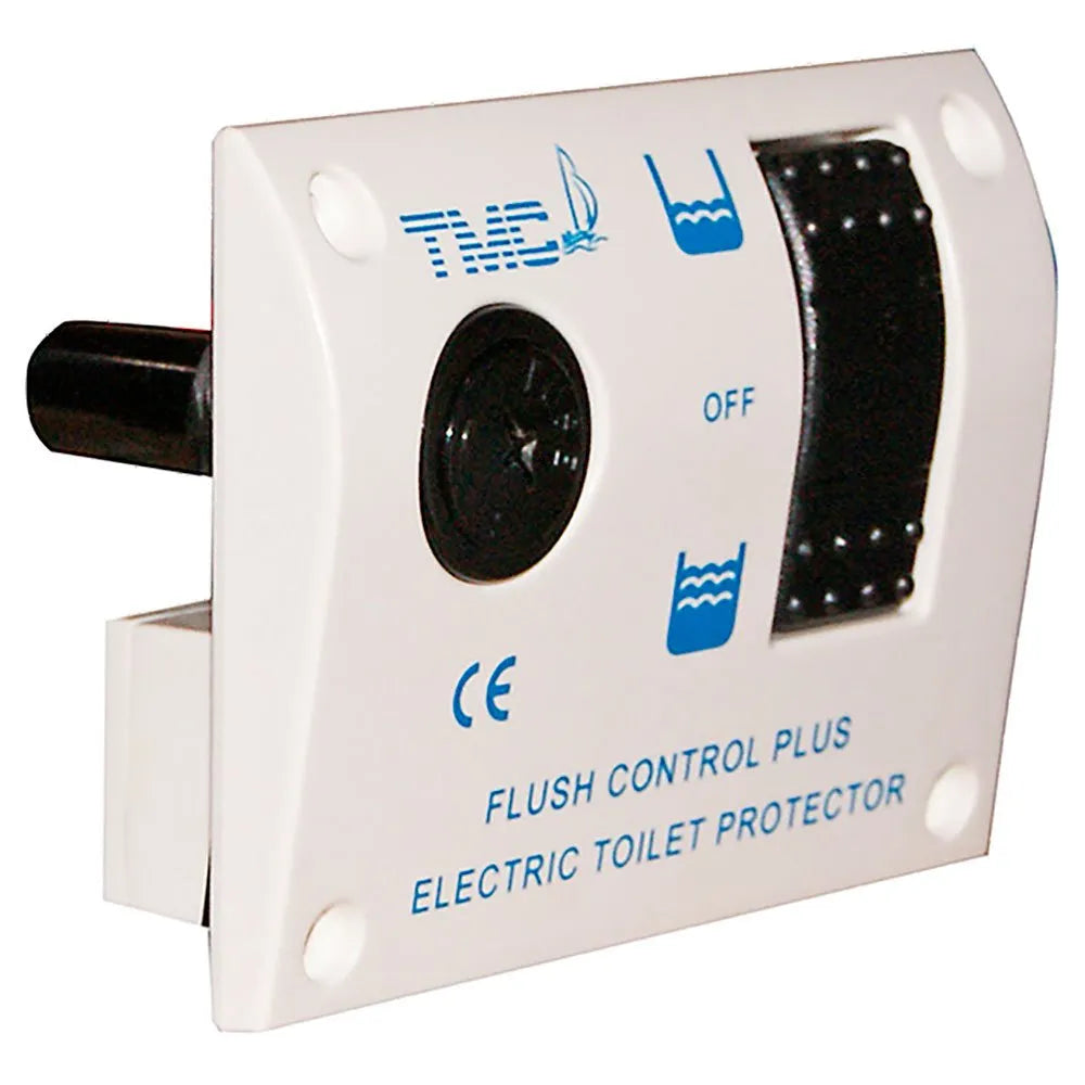 TMC electric toilet flush controller (12V) with touch-button panel for marine use. Features half and full flush modes, built-in micro IC system, water-resistant design, and protection against current spikes. Model TMC-0240401 for electric marine toilets.