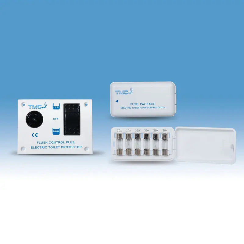 TMC electric toilet flush controller (12V) with touch-button panel for marine use. Features half and full flush modes, built-in micro IC system, water-resistant design, and protection against current spikes. Model TMC-0240401 for electric marine toilets.