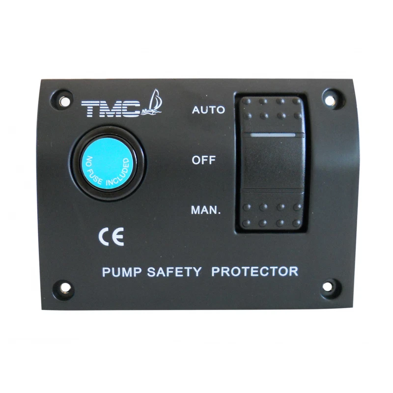 TMC Safety Protector Panel for 12V marine systems in sleek black finish. Designed to protect electric toilets and other onboard devices from overload and short circuits. Water-resistant and durable, ideal for marine environments and boat installations.