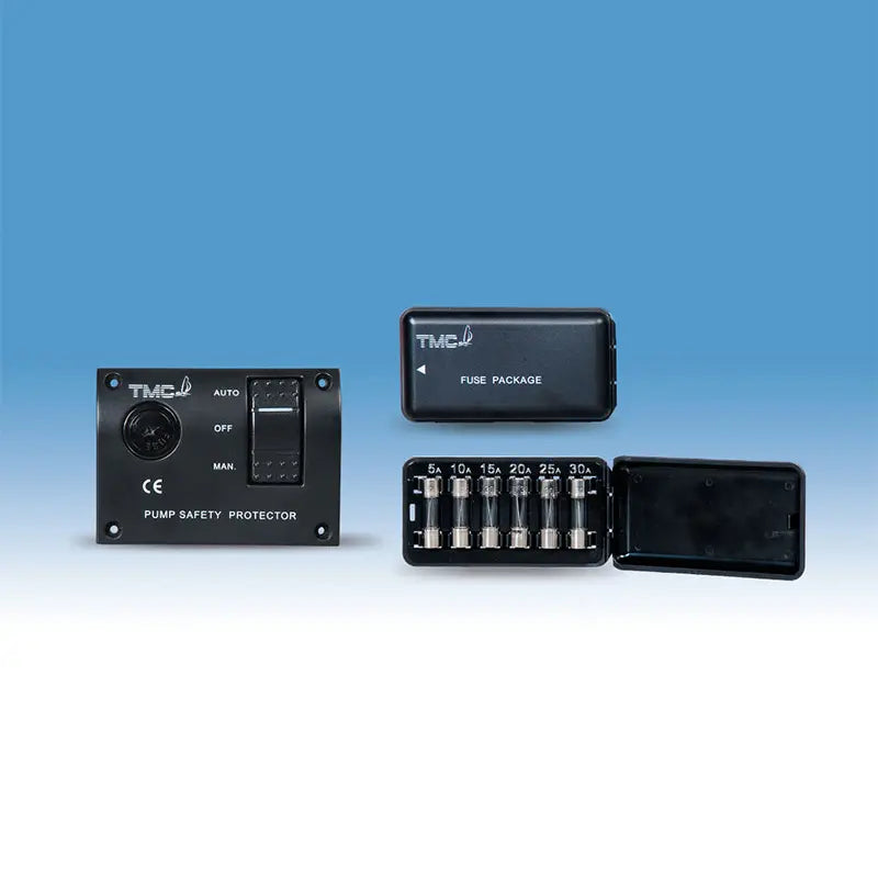 TMC Safety Protector Panel for 12V marine systems in sleek black finish. Designed to protect electric toilets and other onboard devices from overload and short circuits. Water-resistant and durable, ideal for marine environments and boat installations.