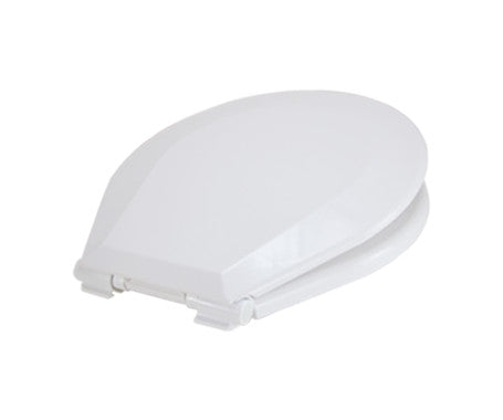TMC compact toilet seat and cover featuring slow-close technology for silent closing. Fits TMC-29920 and TMC-29922 marine electric toilets. Made from durable marine-grade plastic with quick-attach hardware for easy installation and removal. Perfect for marine bathrooms.