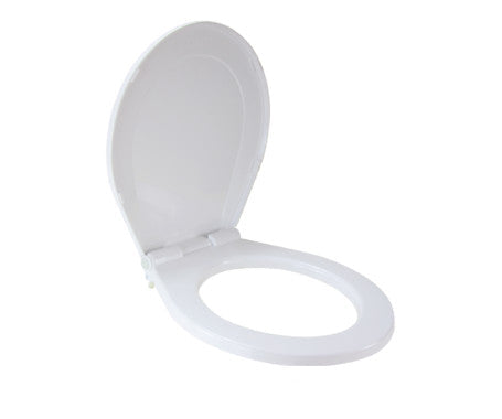 TMC compact toilet seat and cover featuring slow-close technology for silent closing. Fits TMC-29920 and TMC-29922 marine electric toilets. Made from durable marine-grade plastic with quick-attach hardware for easy installation and removal. Perfect for marine bathrooms.