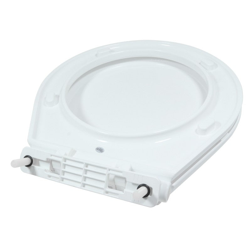 TMC compact toilet seat and cover featuring slow-close technology for silent closing. Fits TMC-29920 and TMC-29922 marine electric toilets. Made from durable marine-grade plastic with quick-attach hardware for easy installation and removal. Perfect for marine bathrooms.