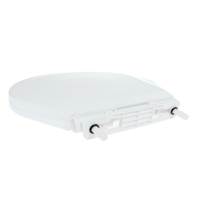 TMC compact toilet seat and cover featuring slow-close technology for silent closing. Fits TMC-29920 and TMC-29922 marine electric toilets. Made from durable marine-grade plastic with quick-attach hardware for easy installation and removal. Perfect for marine bathrooms.
