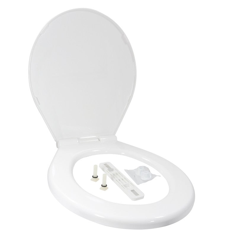 TMC Deluxe toilet seat and cover with slow-close feature for TMC models 29941, 29921, 29923, and 29931. Includes quick-attach hardware for simple installation. Durable marine-grade plastic construction designed for quiet closing and long-term use in marine environments.