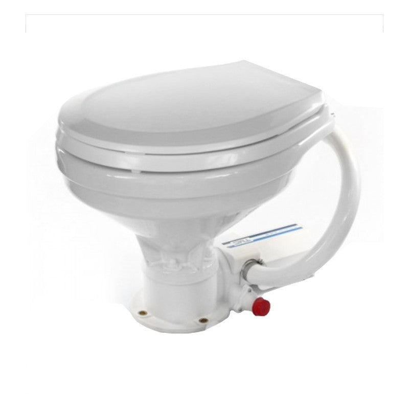 TMC Electric Marine Toilet with large bowl and deluxe plastic seat. Includes switch box for easy control. Made with corrosion-resistant marine materials. Fits 12V and 24V systems with 1" inlet and outlet hoses. Ideal for yachts and offshore boats needing spacious, reliable sanitation.

