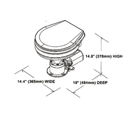TMC Electric Marine Toilet with large bowl and deluxe plastic seat. Includes switch box for easy control. Made with corrosion-resistant marine materials. Fits 12V and 24V systems with 1" inlet and outlet hoses. Ideal for yachts and offshore boats needing spacious, reliable sanitation.

