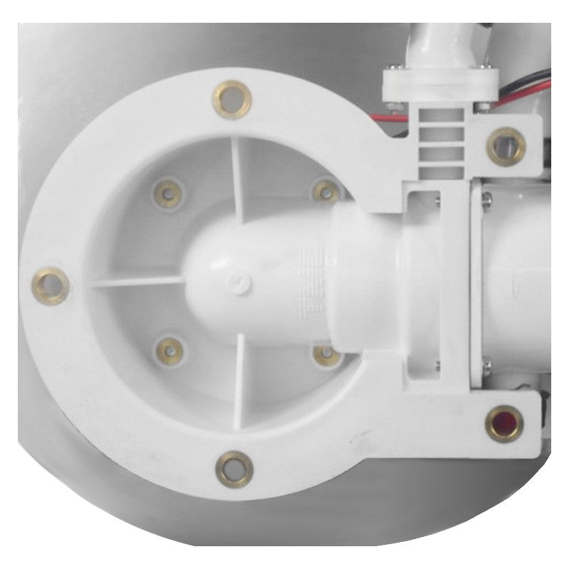 TMC Electric Marine Toilet with large bowl and deluxe plastic seat. Includes switch box for easy control. Made with corrosion-resistant marine materials. Fits 12V and 24V systems with 1" inlet and outlet hoses. Ideal for yachts and offshore boats needing spacious, reliable sanitation.

