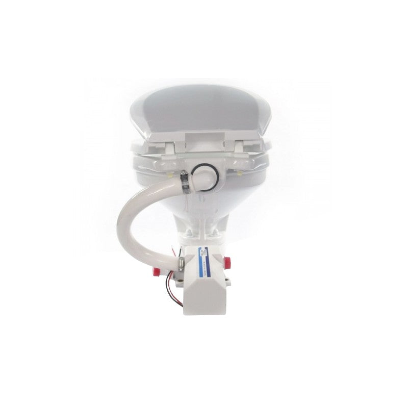 TMC Electric Marine Toilet with large bowl and deluxe plastic seat. Includes switch box for easy control. Made with corrosion-resistant marine materials. Fits 12V and 24V systems with 1" inlet and outlet hoses. Ideal for yachts and offshore boats needing spacious, reliable sanitation.

