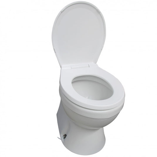 TMC-29931 electric marine toilet featuring a luxury skirted bowl design, deluxe plastic seat, and corrosion-resistant components. Includes switch box for push-button control. Available in 12V and 24V models. Perfect for premium marine sanitation comfort.