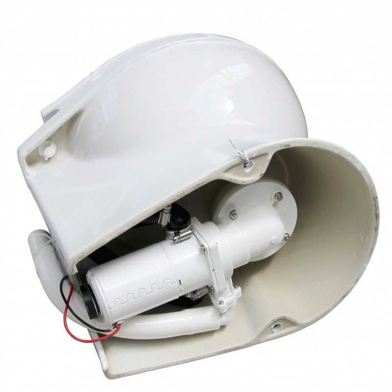 TMC-29931 electric marine toilet featuring a luxury skirted bowl design, deluxe plastic seat, and corrosion-resistant components. Includes switch box for push-button control. Available in 12V and 24V models. Perfect for premium marine sanitation comfort.