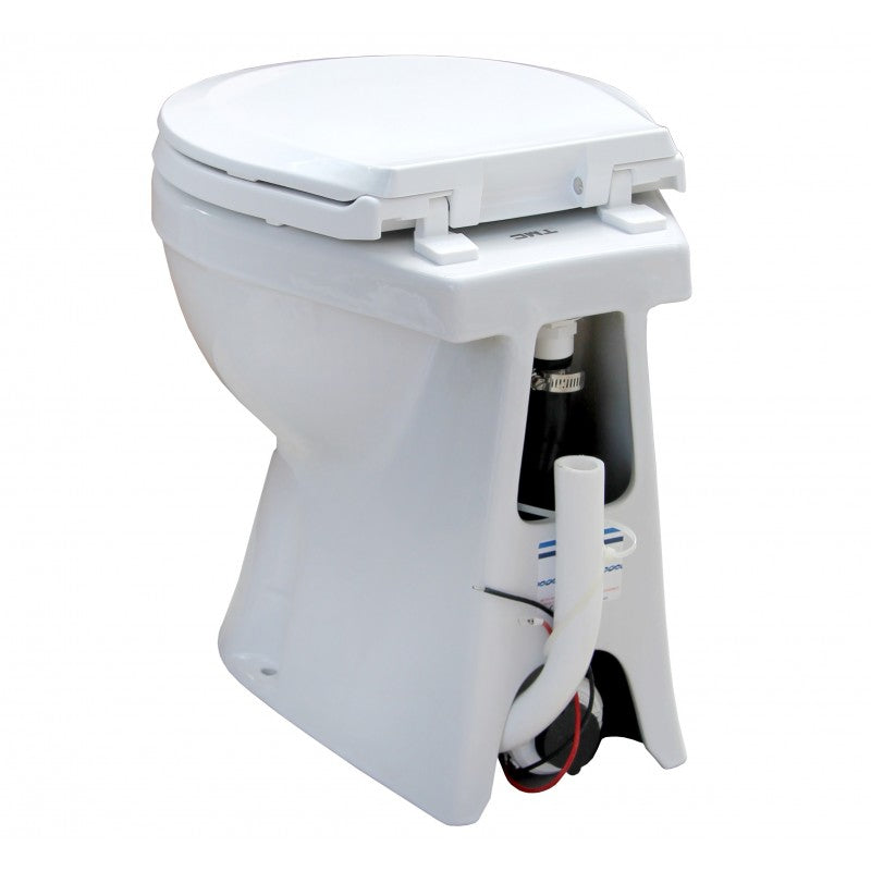 TMC-29931 electric marine toilet featuring a luxury skirted bowl design, deluxe plastic seat, and corrosion-resistant components. Includes switch box for push-button control. Available in 12V and 24V models. Perfect for premium marine sanitation comfort.
