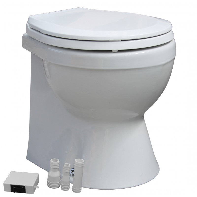 TMC-29931 electric marine toilet featuring a luxury skirted bowl design, deluxe plastic seat, and corrosion-resistant components. Includes switch box for push-button control. Available in 12V and 24V models. Perfect for premium marine sanitation comfort.