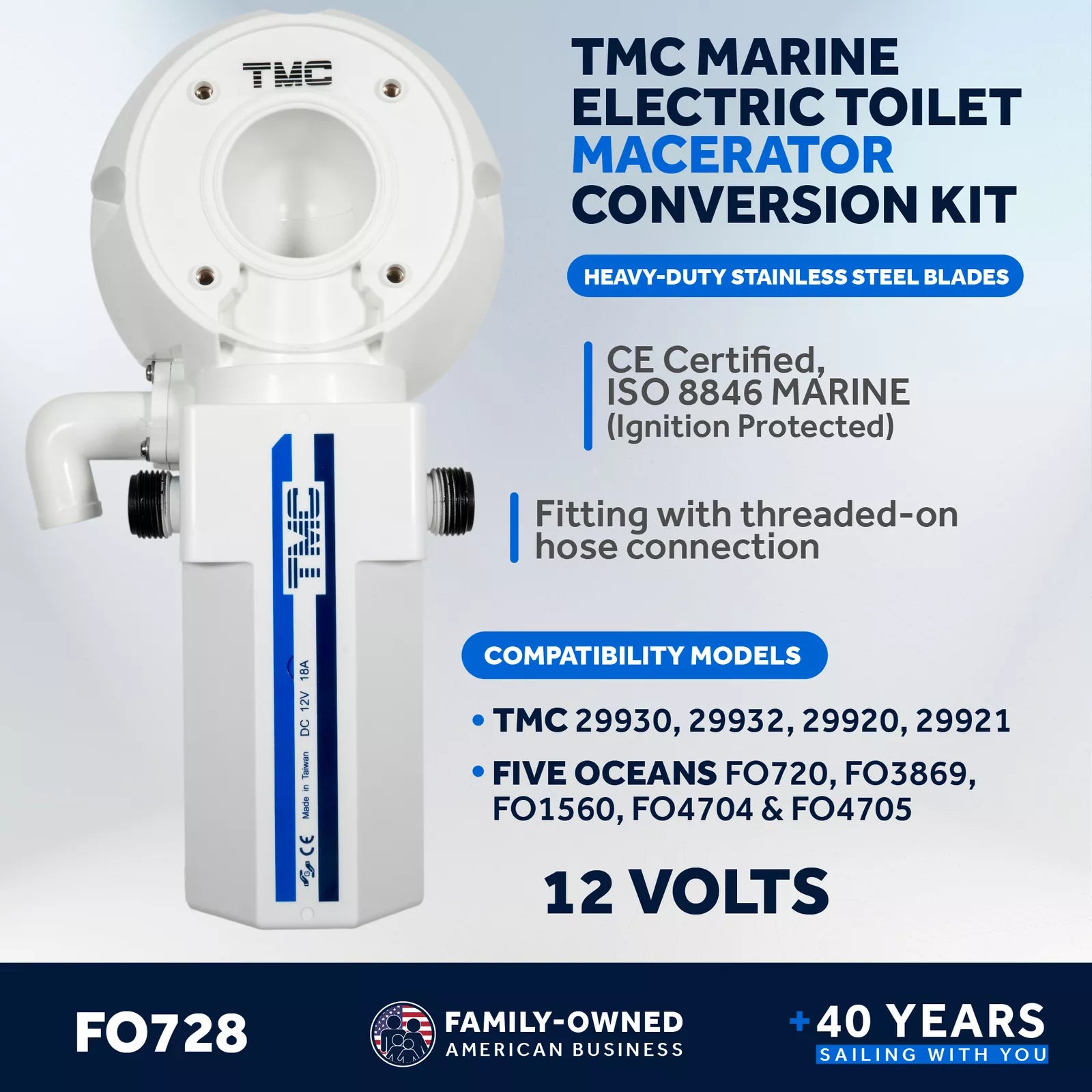 TMC electric toilet conversion kit for 12V and 24V marine toilets. Designed to upgrade manual toilets to electric operation. Includes motor unit, pump assembly, and installation parts. Reliable, water-resistant, and ideal for marine sanitation systems.

